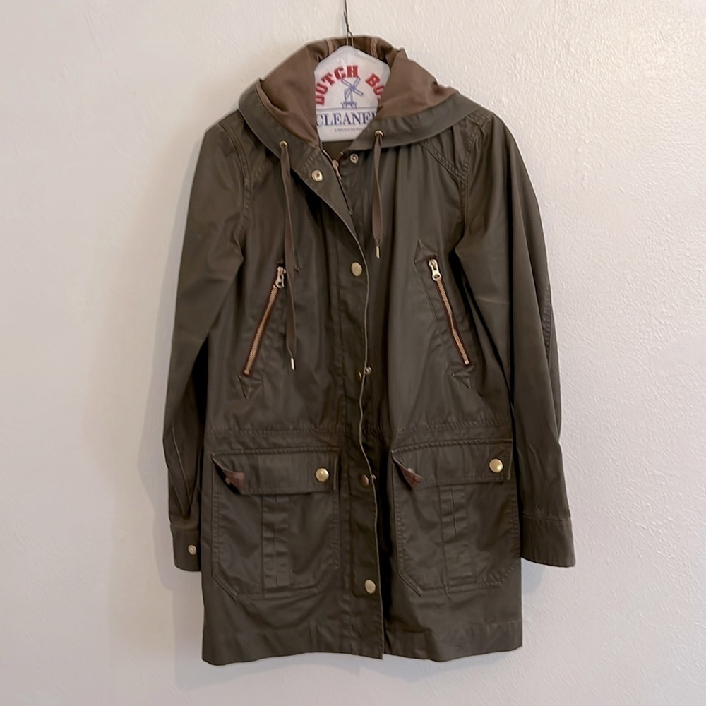 J Crew Hoodie Olive Green Zip  Snap Field Jacket With Patch and Zip Pockets XS